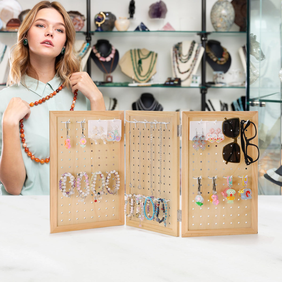 humberboat Wooden Foldable and Portable 3-Panel Pegboard Jewelry Display Organizer with 24 Removable White Metal Hooks for Bracelets, Earrings and Keychains, Versatile Countertop Rack for Store