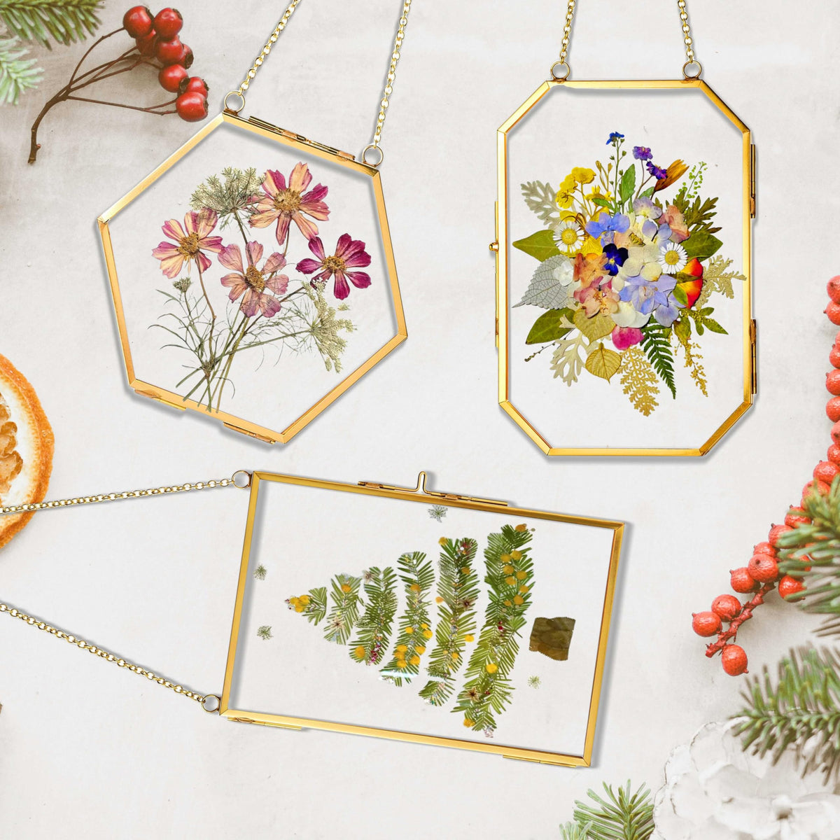 IcosaMro 3 Pack Double Glass Frame for Pressed Flowers 4"x 6" Adult Craft Kits with Brass Glass Frames & 4 Sheets Pressed Flower, Window Hanging Wall Decor Frame for Dried Flowers Leaves Plants