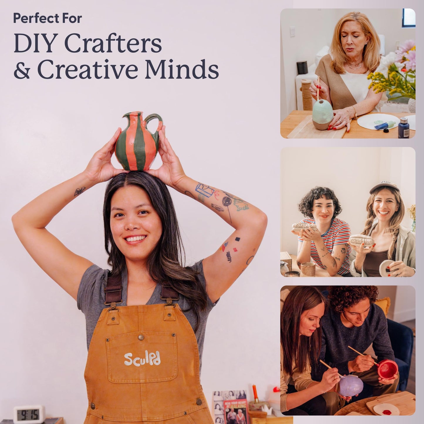 Sculpd - The Original Pottery Kit for Adults - Air Dry Clay for Adults, Tools, Varnish, Paints, Brushes, Couples Date Night Arts & Crafts Set, Gloss Varnish