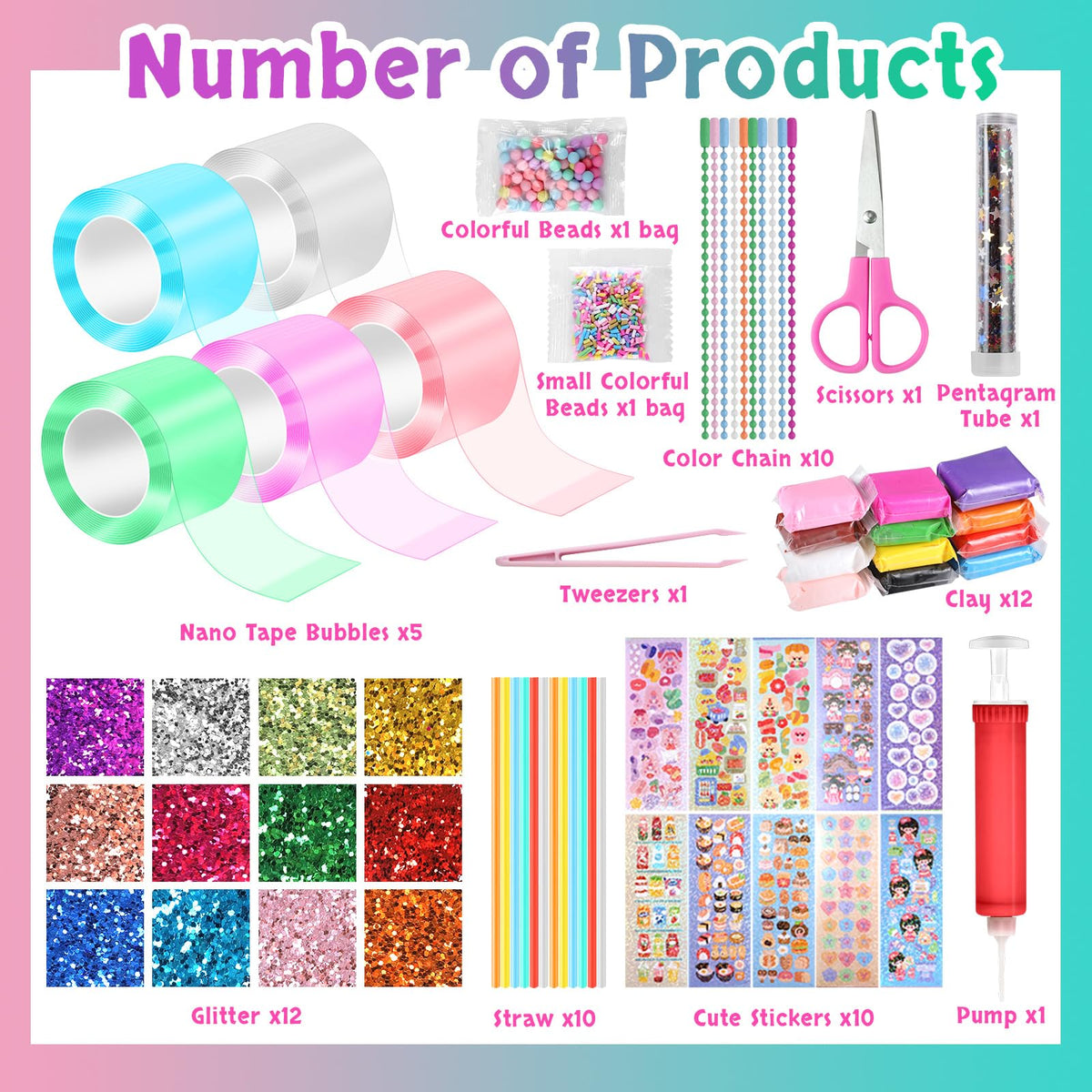 Needbrock 5 Pcs Nano Tape Bubble Kit,1m/3.28 ft Each Roll Nano Tape Bubbles Double Sided Tapes with Luxe Glitter, Clay, Beads, Cute Stickes Suitable for Over 3 Years Old