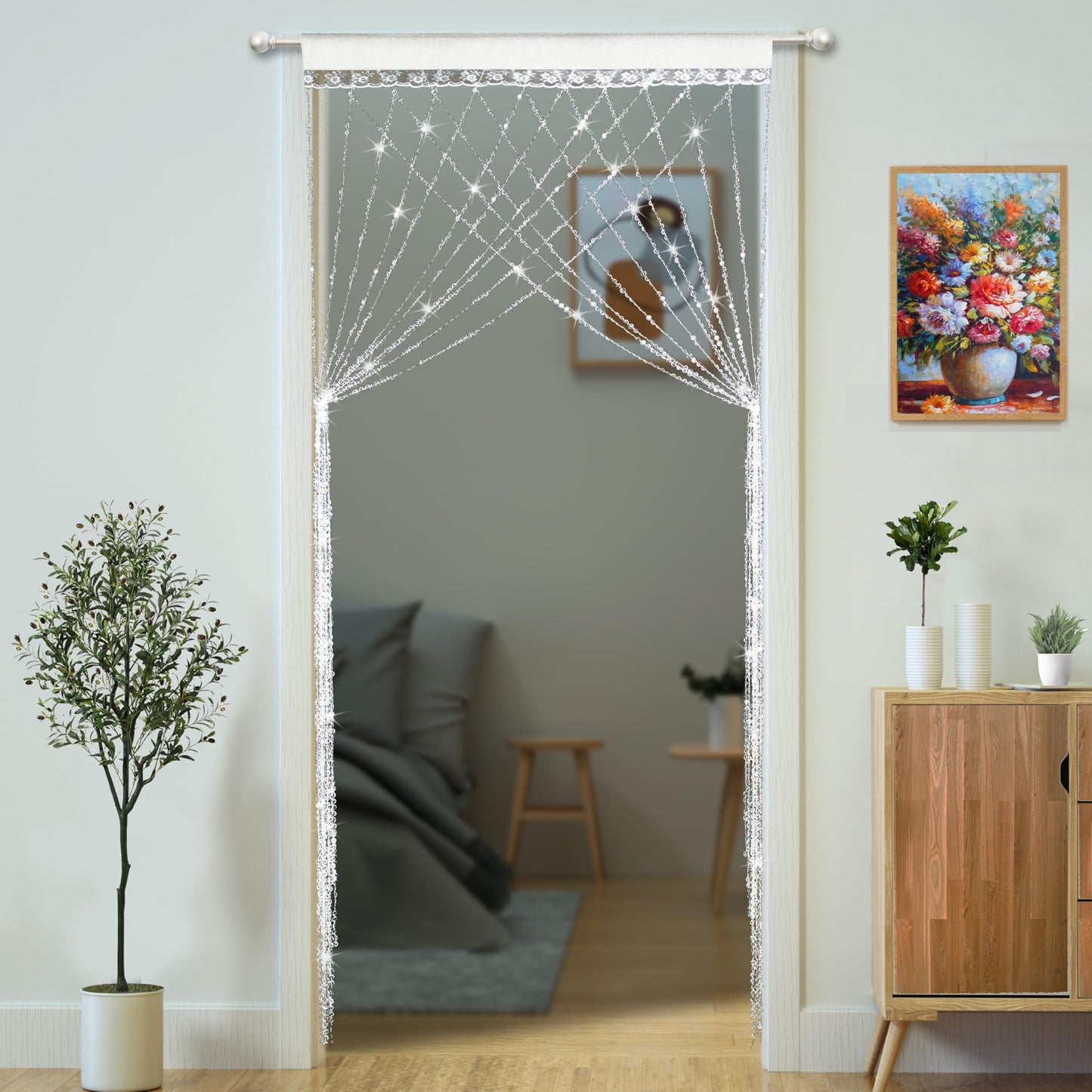 YaoYue Crystal Beaded Curtain Door Curtain 36 x 79 Inches 22 Strands Acrylic Hanging Door Beads Room Divider for Doorway Window Living Room Bedroom Wall Closet Home Decor (White,1 Panel)