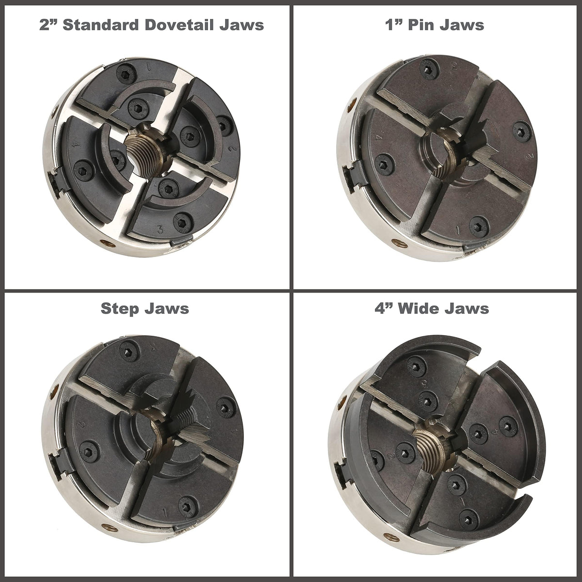 VINWOX SCR4-4NV-SET 4" Wood Lathe Scroll Chuck Set, 4-Jaw Self-Centering Chuck-Set, with Nickle electric Coating Body & 1"x8TPI thread & 3/4"x16TPI Adapter