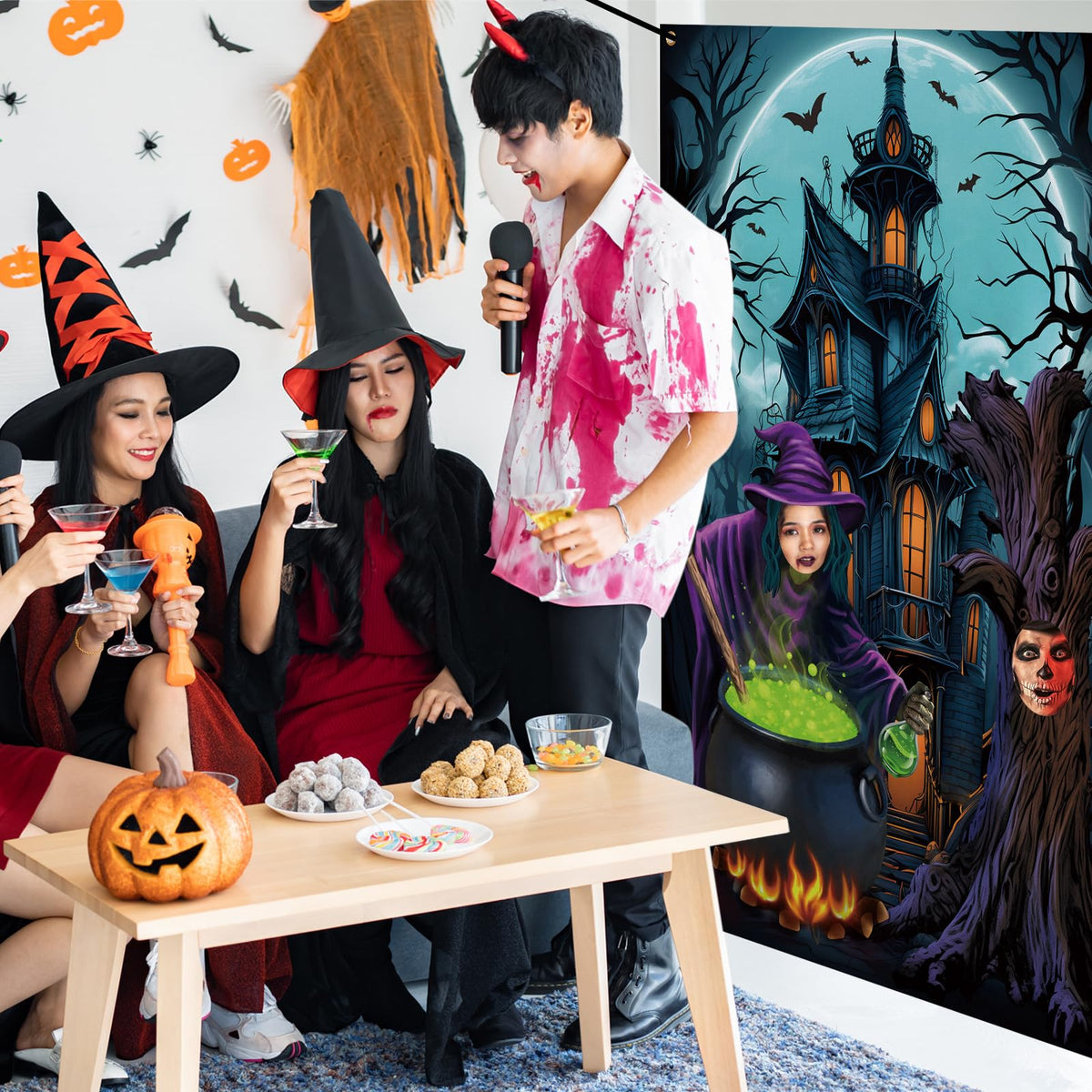 Lunmon 6 x 4 ft Halloween Photography Backdrop Horror Night Background Large Photo Door Banner Scary Witch Backdrops for Halloween Party Photo Props with Head Cutout Party Decoration Supplies