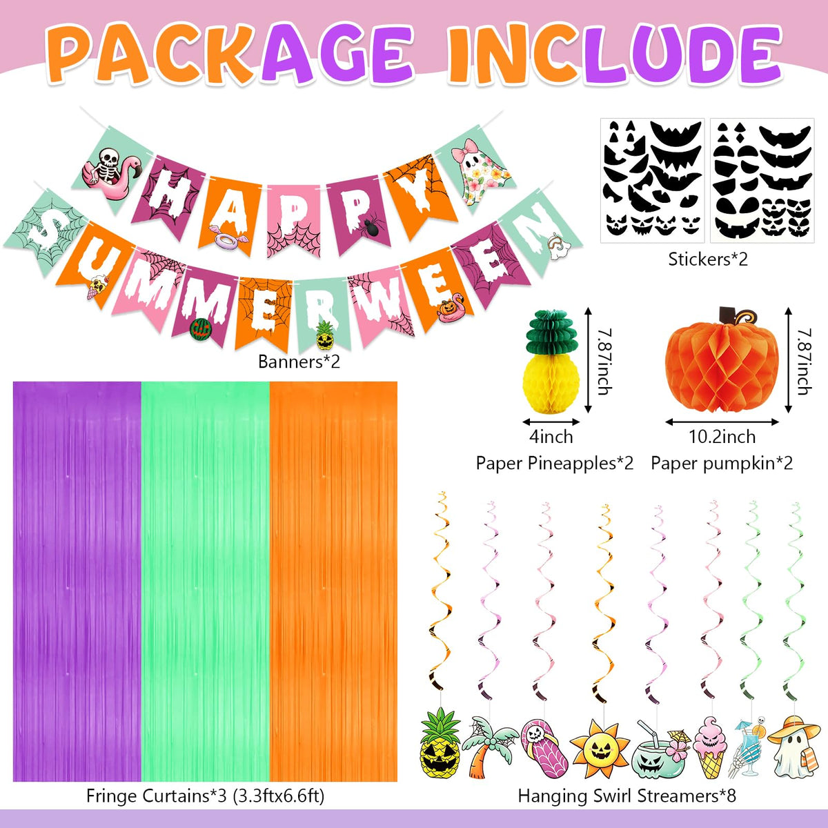 91Pcs Summerween Decorations Set - Summer Halloween Party Decorations with Happy Summerween Banner, Ghost Pineapple Balloons, Honeycomb Balls & Swirls - Spooky Summer Party Supplies for Birthday