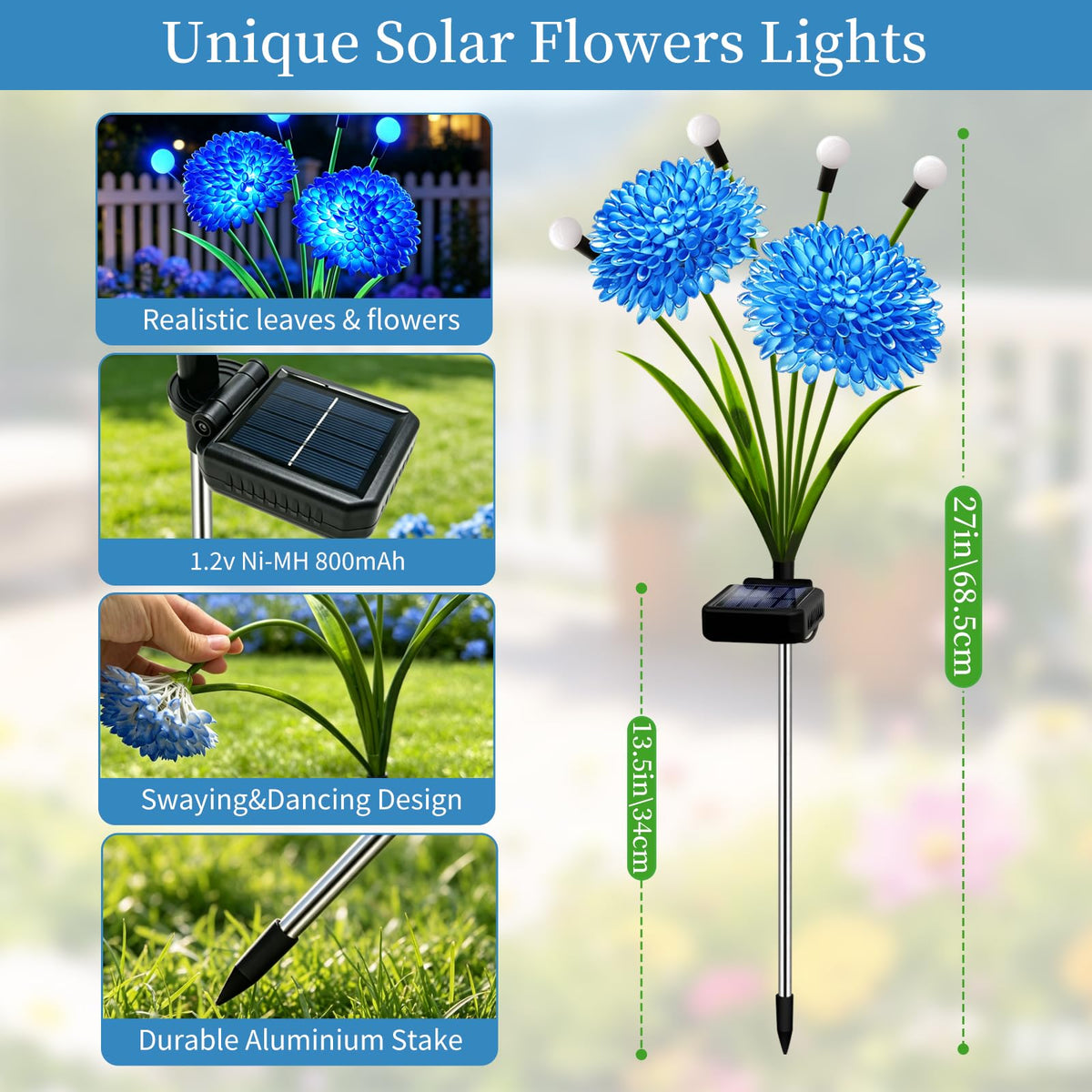 Solar Firefly Lights Outdoor Waterproof, 4 Pack Blue Solar Flowers Swaying Lights With Flowers, Flower Light Garden Decor for Outside Yard Patio Halloween Christmas, Gifts for Women Grandma