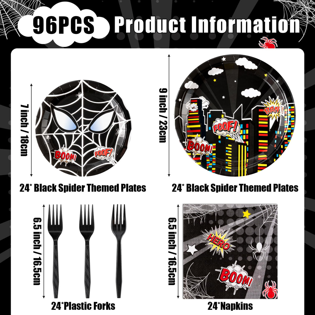 Andi Cppss Black Spider Birthday Party Supplies - 96PCS Black Spider Birthday Party Plates and Napkins Forks Disposable Tableware Birthday Parties Table Dinnerware Baby Shower Plates Serve 24 Guests