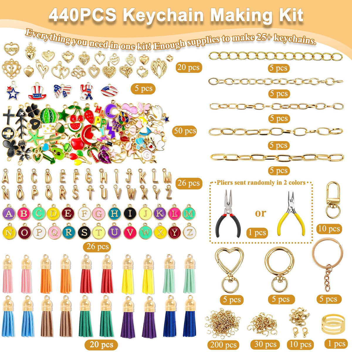 LOIKMIUP 440Pcs Keychain Making Kit, DIY Craft Supplies with Charms, Keychain Tassels, Keychain Clip Hooks, Jump Rings, Key Rings, Extender Chains & Tools for DIY Crafting