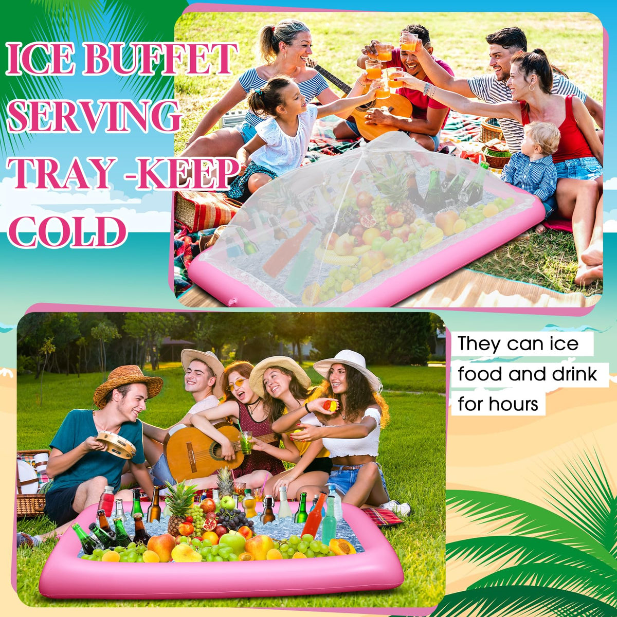 Leitee 3 Pcs Inflatable Serving Bar Kit Includes Salad Buffet Tray with Drain Plug Mesh Food Cover Food Drink Containers and Inflator for Ice Supplies Halloween Party Camping Picnic(Pink)