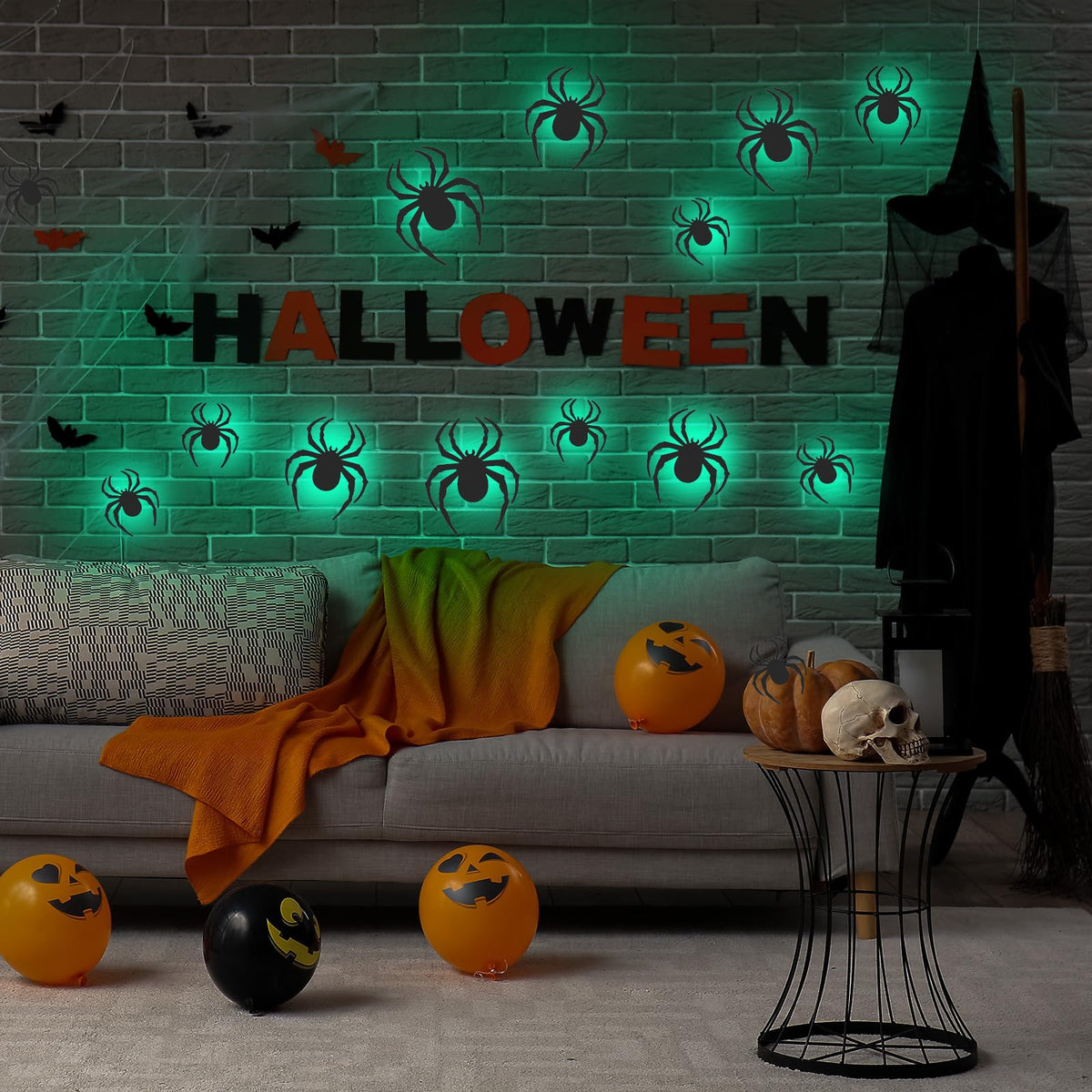 Tujoe 48 Pcs 2025 New LED Halloween 3D Lighted Spider Decorations Wall Stickers 4 Different Size Removable PVC Spider Wall Sticker for Indoor Home Hanging Window Glow Decor Party Supplies