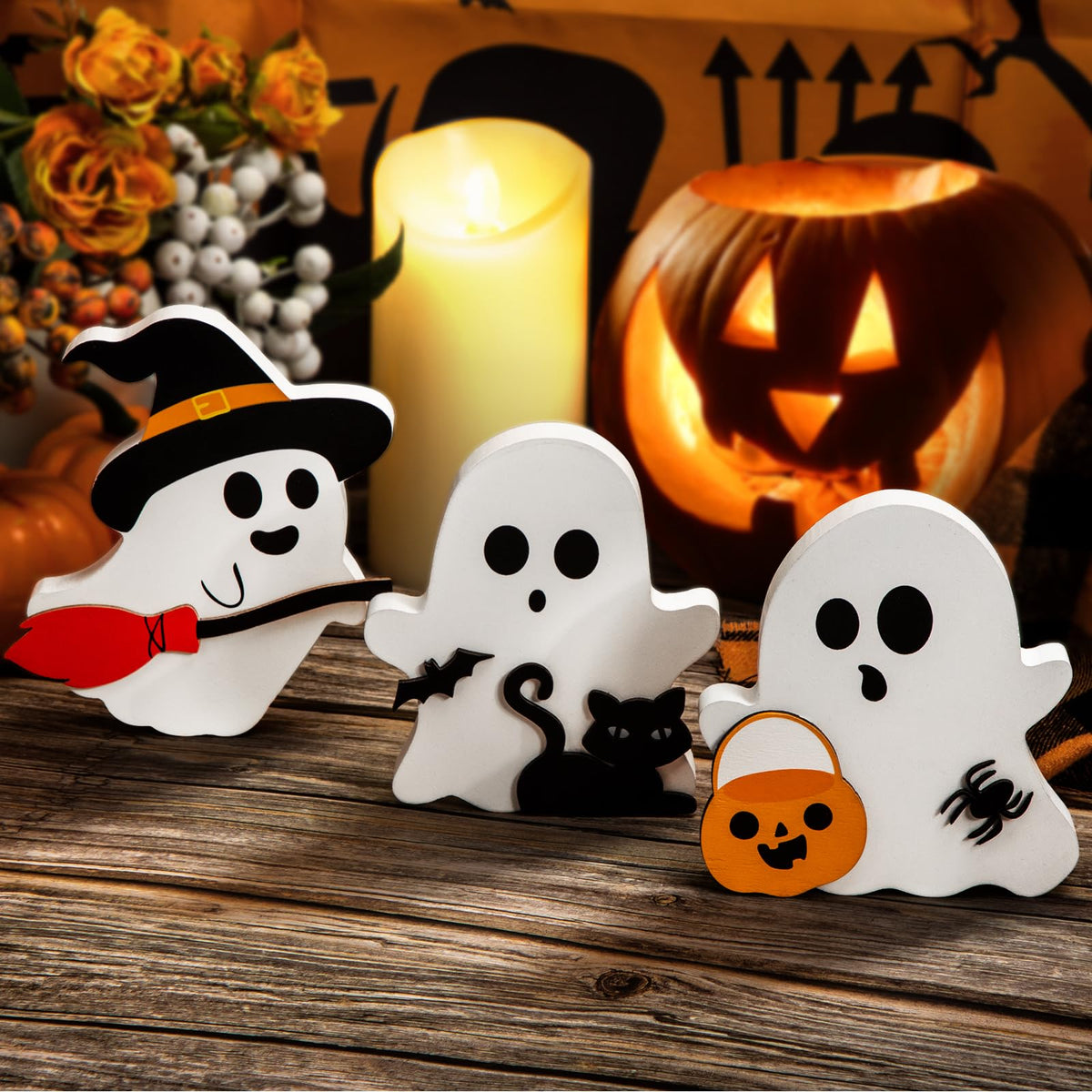 COCHIE Cute Ghost Halloween Decorations Indoor, Wooden Tiered Tray Decor Table Sign Set of 3, Black Cat Bat Witch Broom Signs Pumpkin Blocks for Party Home Shelf Display (A-Ghost)