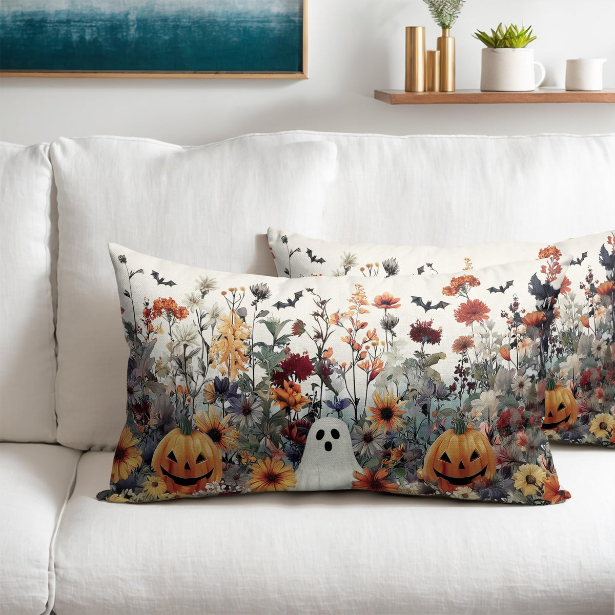 Halloween Pillow Covers 12x20 Inch Set of 2 Ghost Pumpkins Bats and Wildflower Horror Cotton Linen Decorative Throw Pillow Cases Spooky Holiday Cushion Covers for Bedroom Living Room Sofa Couch Chair