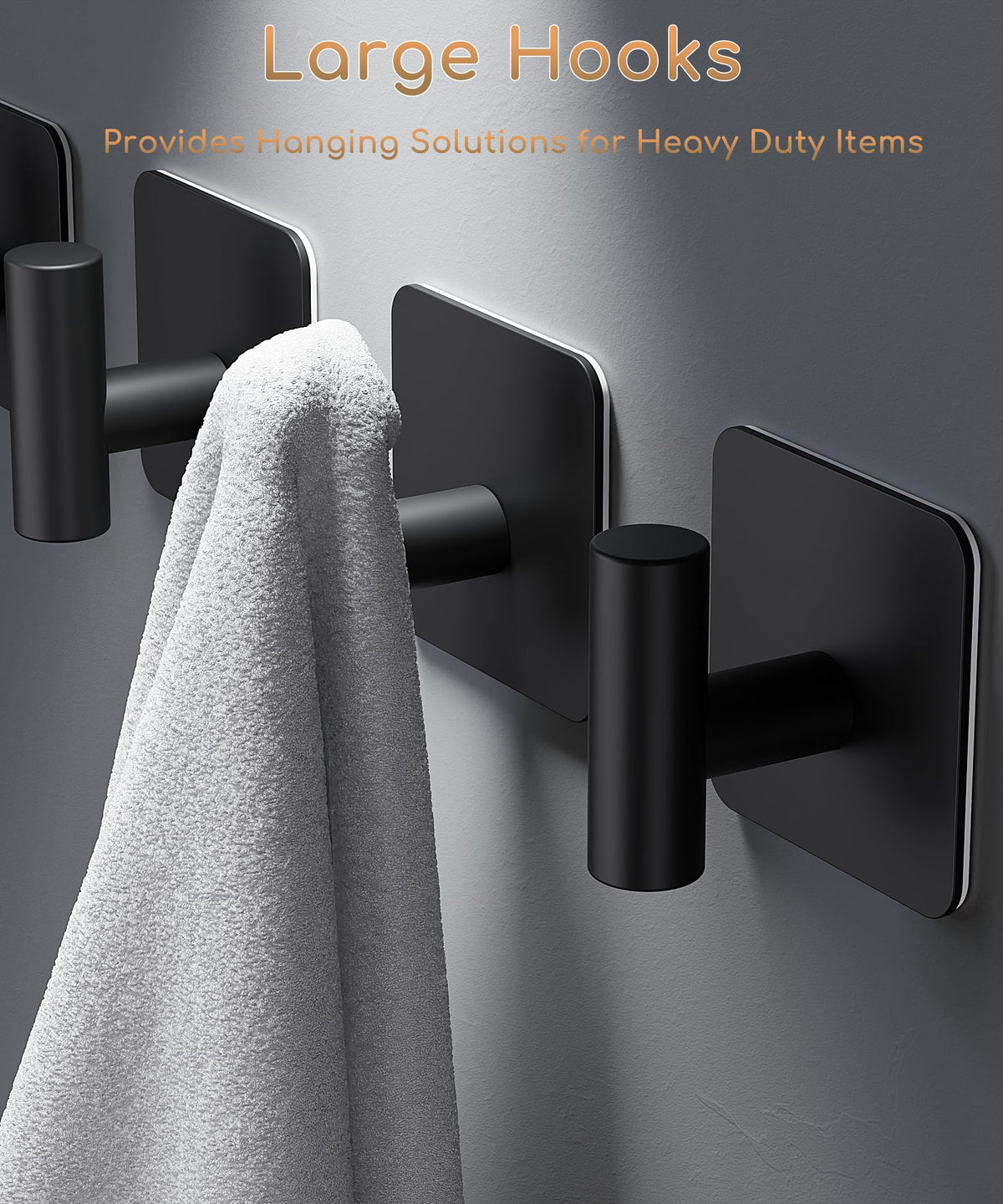 Aikzik 4 Pack Large Heavy Duty Wall Hooks - 26lb Max, Stainless Steel Adhesive Towel Hook, Shower Hooks for Hanging Towel, Coat, Robe, Wall Hook for Use in Bathroom, Kitchen and Door, Matte Black