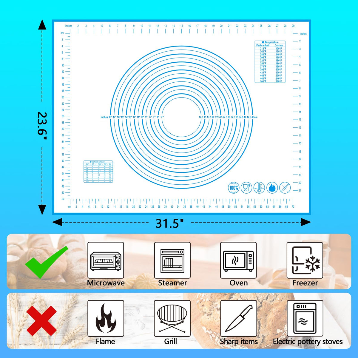 UBeesize Oversize Silicone Baking Mat, 23.6x31.5 Inch Non Stick Pastry Mat with Measurements, XXL Large Nonslip Counter Mat, Fondant/Pie Crust Mat for Making Cookies Macarons Bread Baking Supplies