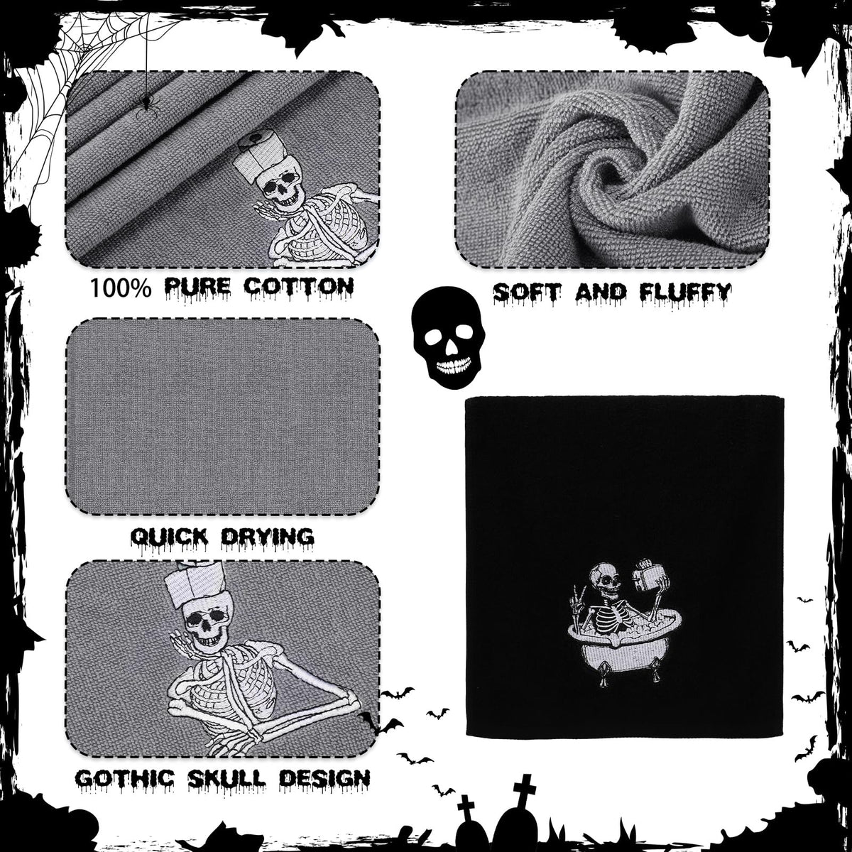 Breling 3 Pcs Halloween Skeleton Kitchen Hand Towels 13.3 x 29 Inch Towels for Bathroom Cotton Soft Embroidered Home Decoration 100% Cotton for Goth Kitchen Halloween Birthday Gifts