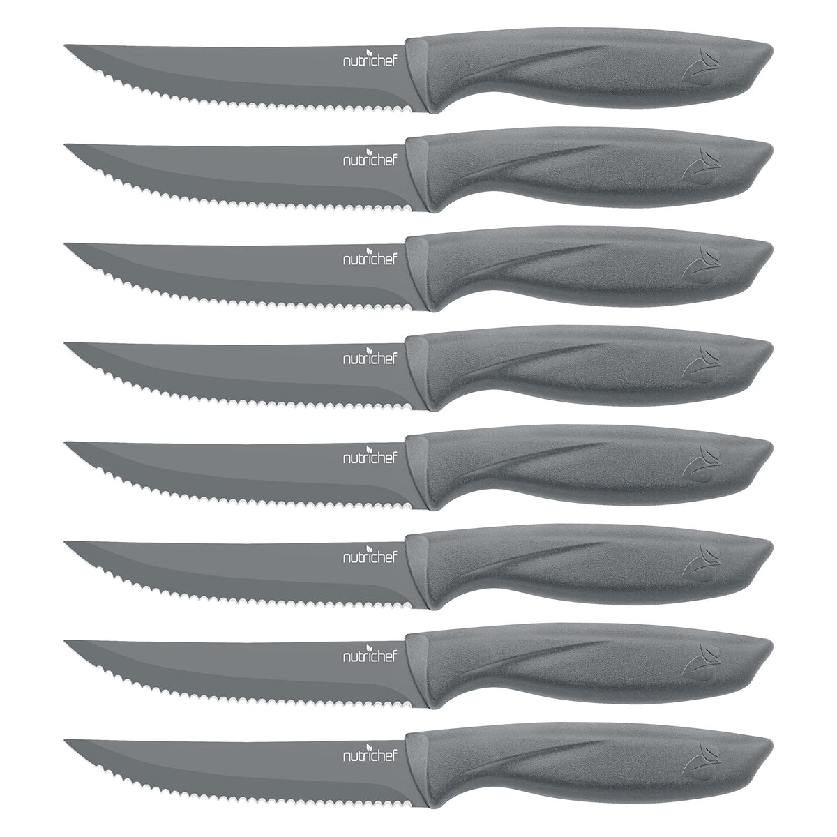 SereneLife Stainless Steel Knife Set, 8 Pcs. - Non-Stick Coating, Sharp Serrated Blades, Professional Kitchen Set, Rust-Resistant, Dishwasher Safe, Ideal for BBQ & Grilling, Gray