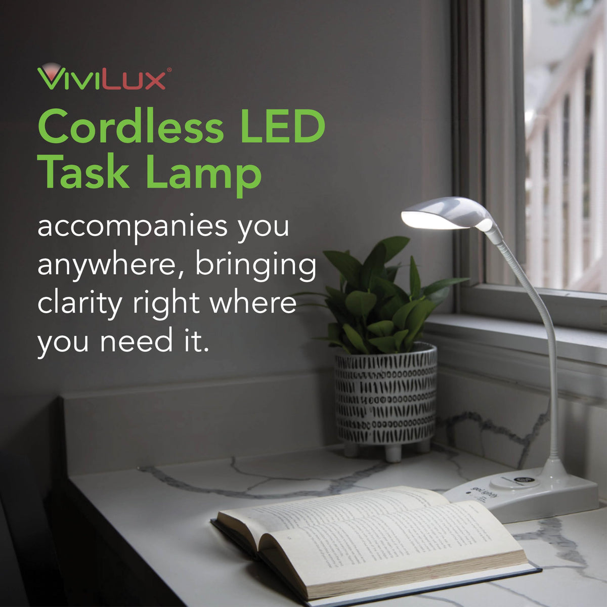 goLightly by ViviLux LED Rechargeable Desk Lamp with Wireless Charging Port, 20 Hour Battery, Portable Task Lighting for Crafts, Sewing & Study