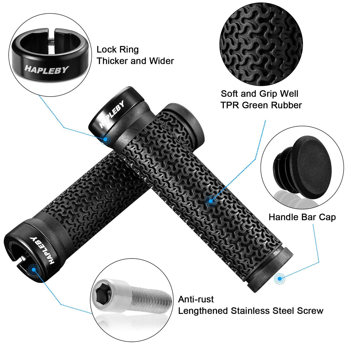 Hapleby Premium Bike Handlebar Grips, Single Lock-on Professional Mountain Bicycle Handlebar Locking Grips with Anti-Slip, 2PCS Screw and 2PCS Allen Wrench for Free