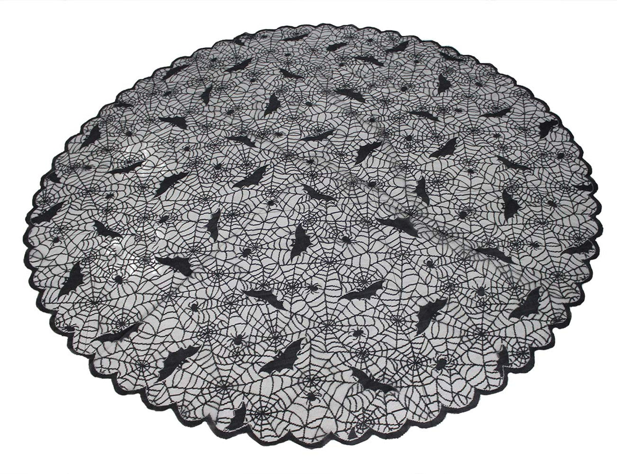 Tonfant Black Lace Tablecloth Round Overlay with Spider Web and Mat for Halloween Party,Easter,Fireplace and Mantle Cover Decoration (Round 70", Black)