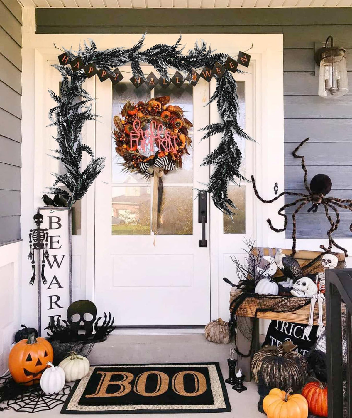 RECUTMS 2pcs Black Garland Artificial Boston Palnts 6 FT Fern Garland Faux Hanging Greenery Halloween Wreath for Outdoor Indoor Halloween Decor (Black White)
