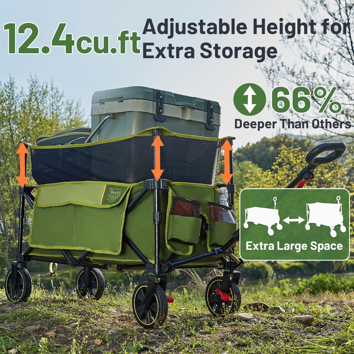 Timber Ridge Collapsible Folding Wagon 350L Extra Large with Brake, Heavy Duty Camping Utility Cart Outdoor, Extended Height Adjustable Handle, Cup Holders, Side Bag, Green