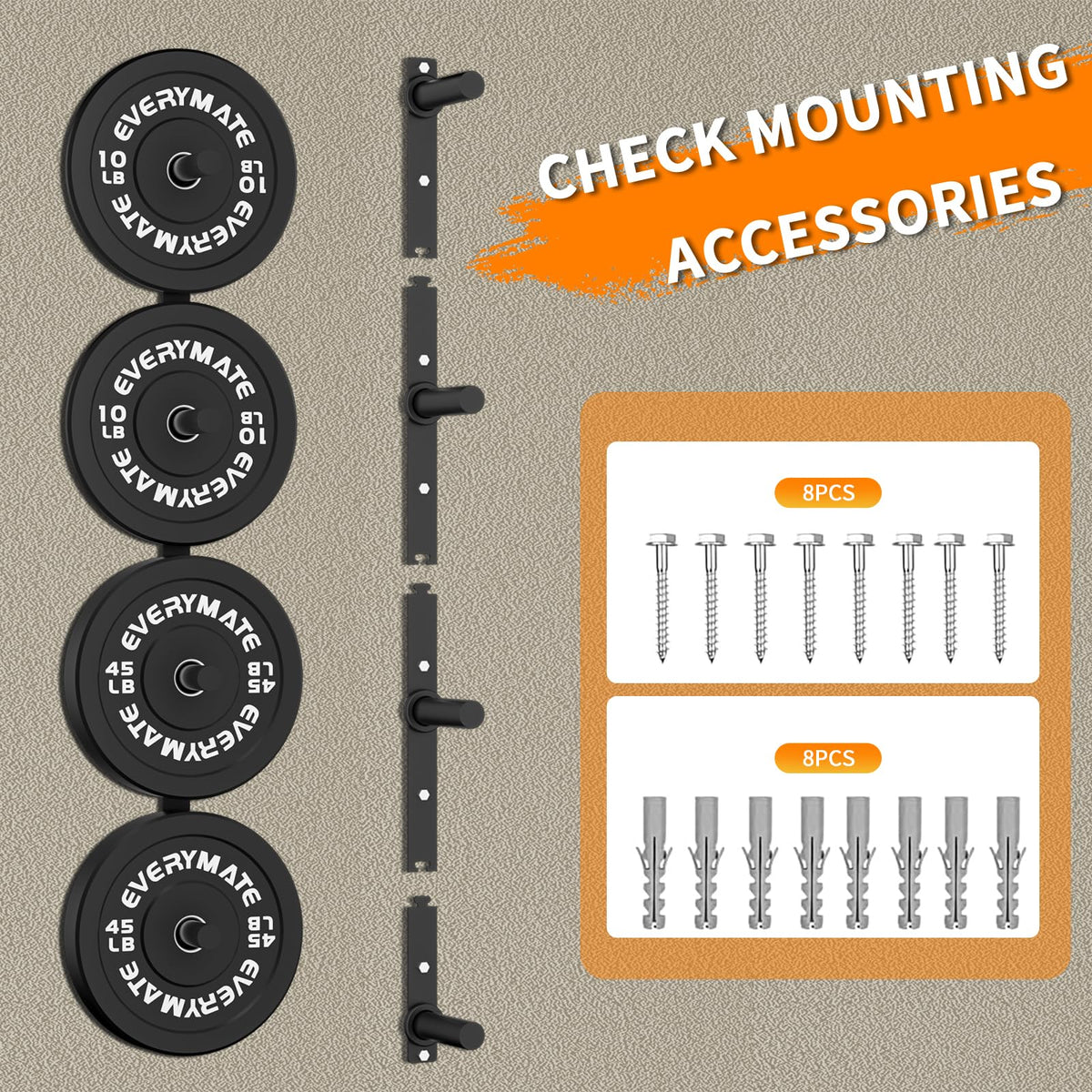 EVERYMATE Weight Plate Storage Rack, Wall Mounted Weight Plate Holder, Bumper Plate Storage for Home Gym, Heavy Weight Plates Holder Fit 2"Plates (4peg)