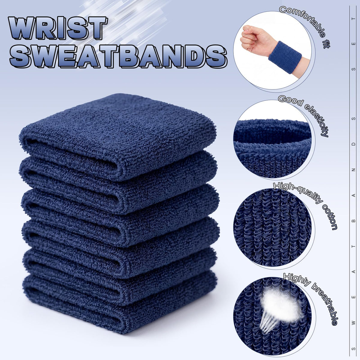 WILLBOND 8 Pack Wrist Sweatbands Sports Wristbands Tennis Sweatbands Neon 80s Thick Cotton Gymnastics Sweat Band Athletic Football Soccer Sports Wristband for Men Women Party(Dark Blue)