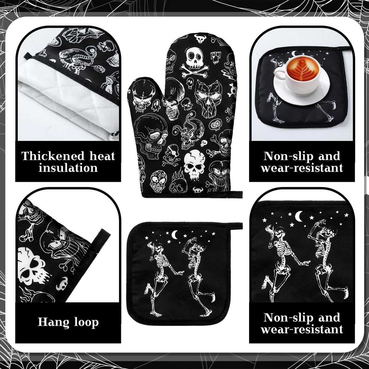 Fourluoo 16 Pcs Halloween Kitchen Decor and Accessories Set Black Skeleton Kitchen Towels and Dishcloths Non Slip Rugs Mats Oven Mitts and Pot Holders Scary Curtains Set for Home Decoration Gift