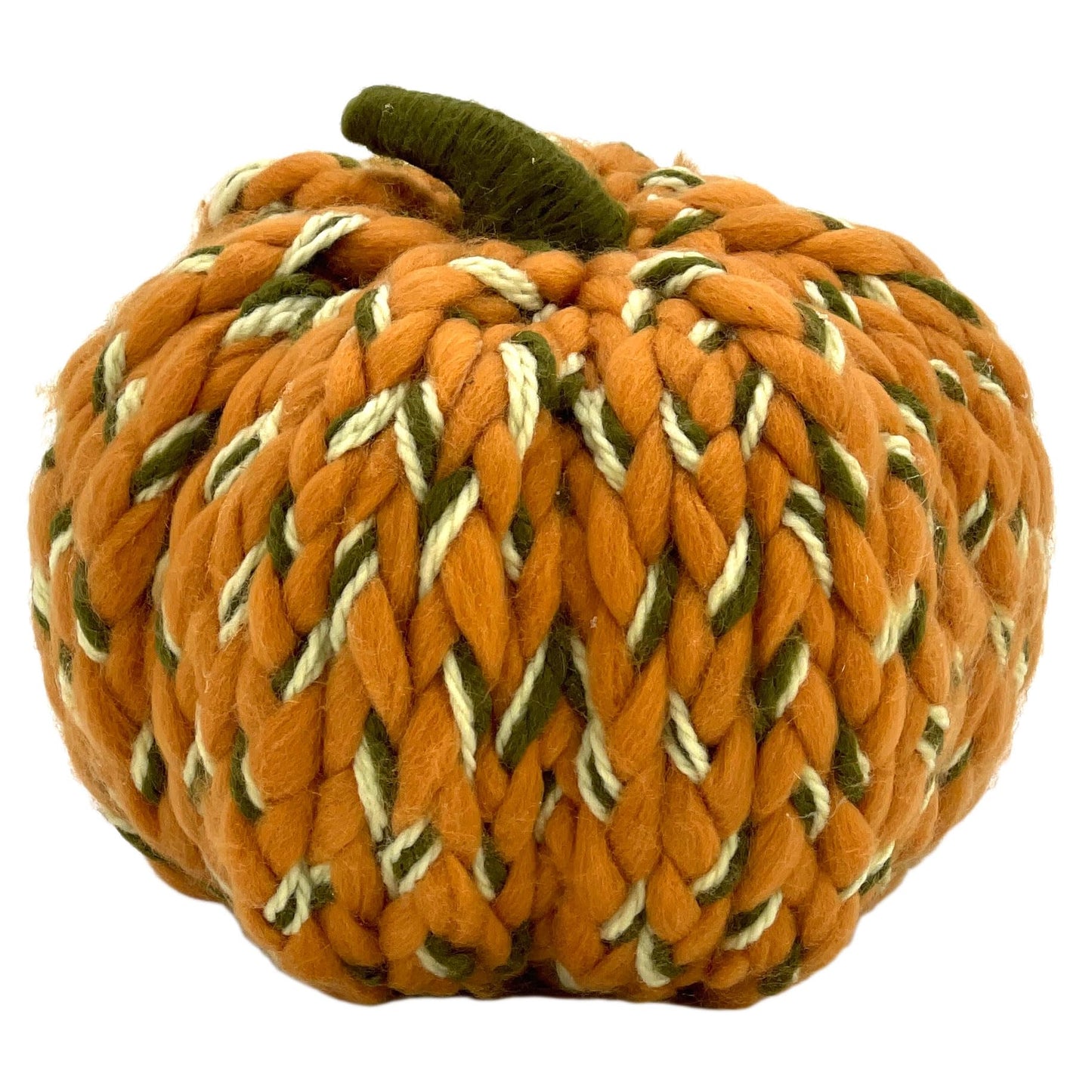 Galt International Chunky Yarn Woven Pumpkin Handmade Indoor Thanksgiving Harvest Decoration 9" Fall Autumn Home Decor Orange Green Cream Tabletop Coffeetable Mantle Dining Table Braided