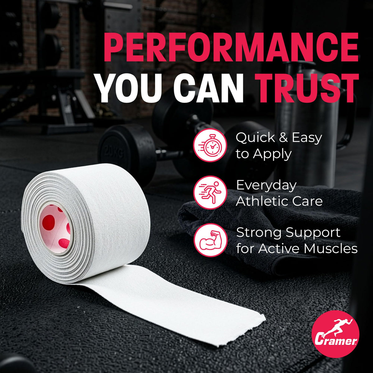 Cramer Team Color Athletic Tape, White, Latex-Free, 1.5" x 15yds, 32 Roll Bulk Case, Tearable Sports Tape for Wrists, Ankles, Baseball, Training, Strong Athletic Wrap for Athletes & Trainers