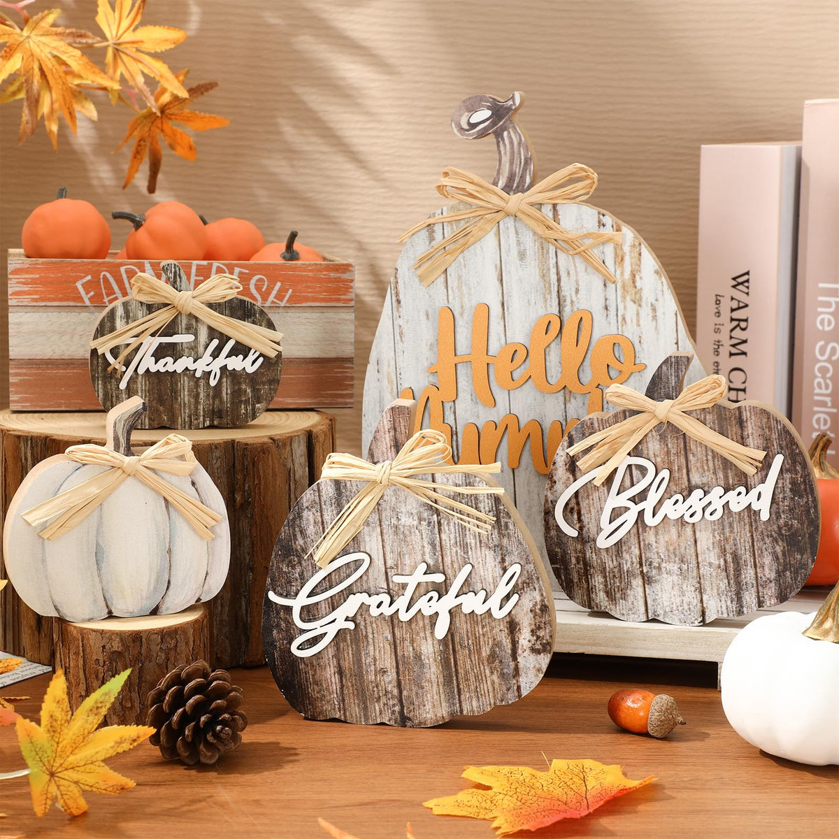 JarThenaAMCS 5 Pcs Hello Pumpkin Fall Decor Blessed Grateful Thankful Thanksgiving Decor Farmhouse Wood Pumpkin Table Centerpieces Autumn Desktop Decorations for Harvest Home Kitchen Decorations
