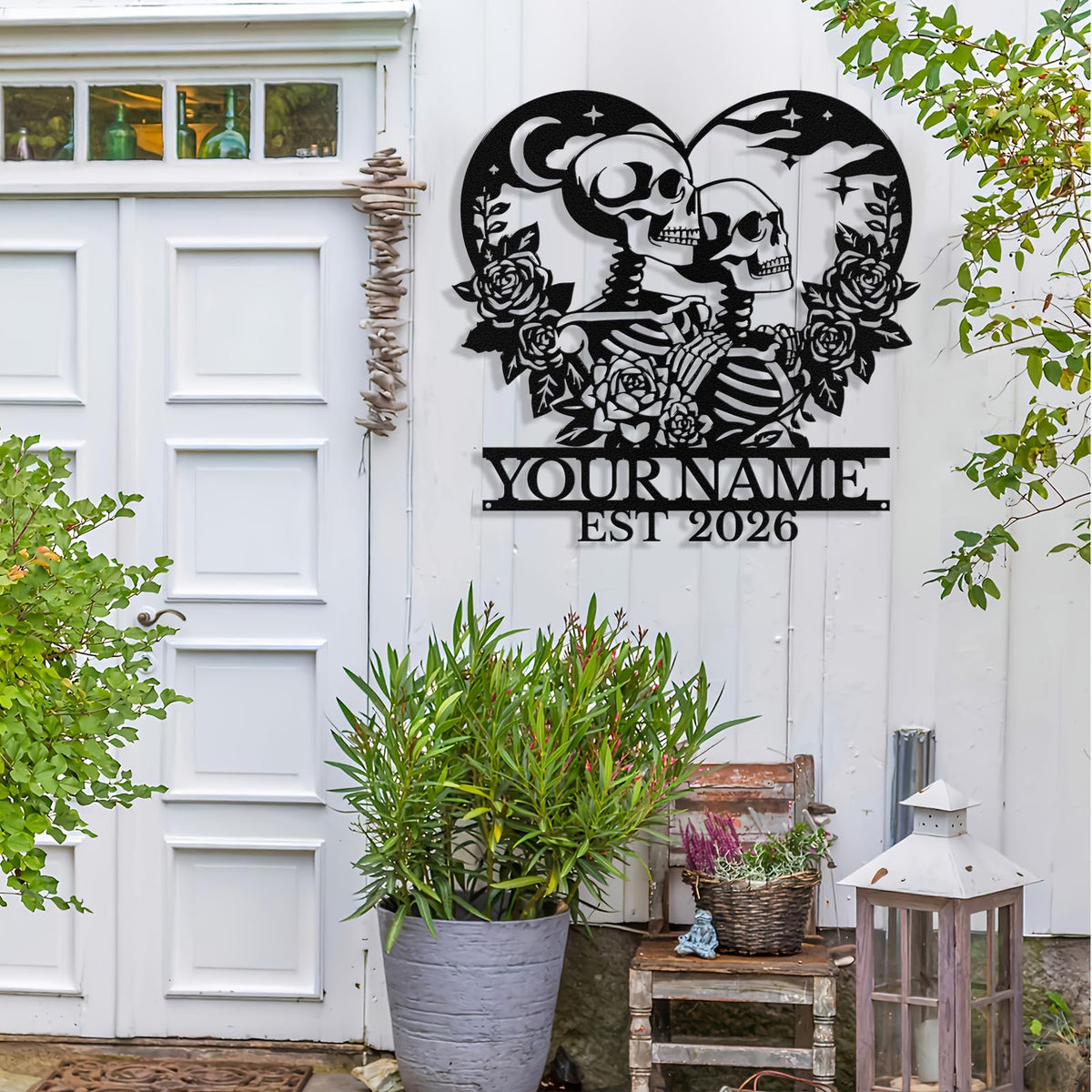 Personalized Skeleton Couple Metal Sign, Custom Skull Couple Name Sign Wall Decor Romantic Skull Lovers Wall Art Gothic Wedding Decor Personalized Wedding Valentine's Day Gift for Couples