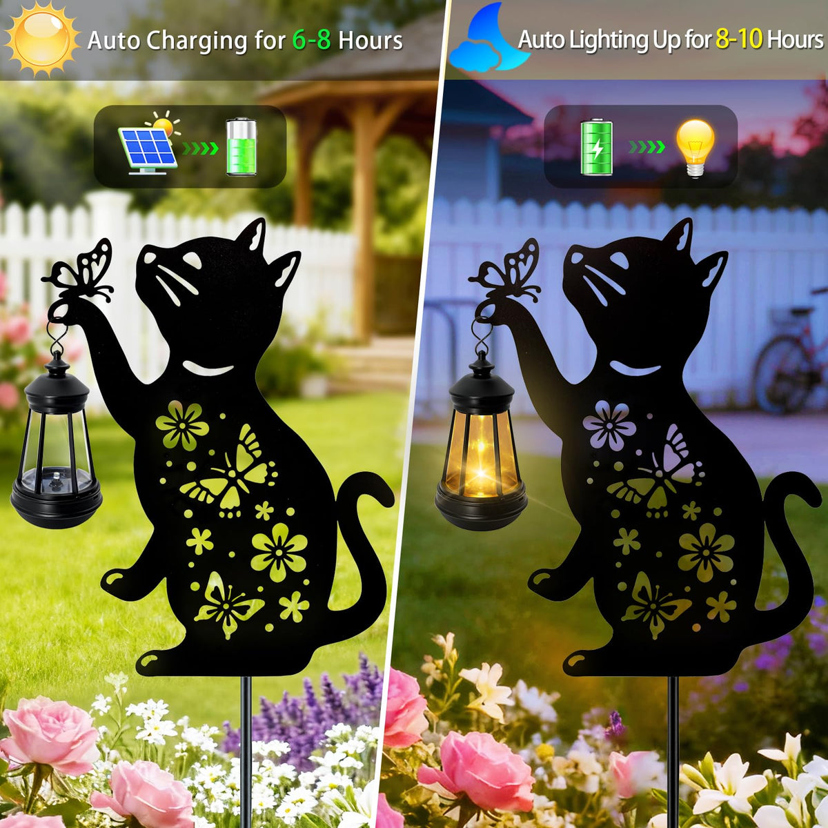 Cat Solar Lights Outdoor, 2 Pack Black Cat Hanging Lantern Waterproof, Cat Lover Gifts for Women Mom Birthday Mother's Day, Metal Garden Statue Yard Decor Patio Pathway Backyard Lawn Ornaments