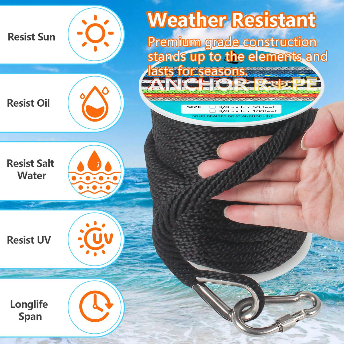 3/8 Inch 50 FT Anchor Rope, Boat Anchor Rope Solid Braid MFP, Anchor Line with 316 Stainless Steel Thimble and Snap Hook - Black