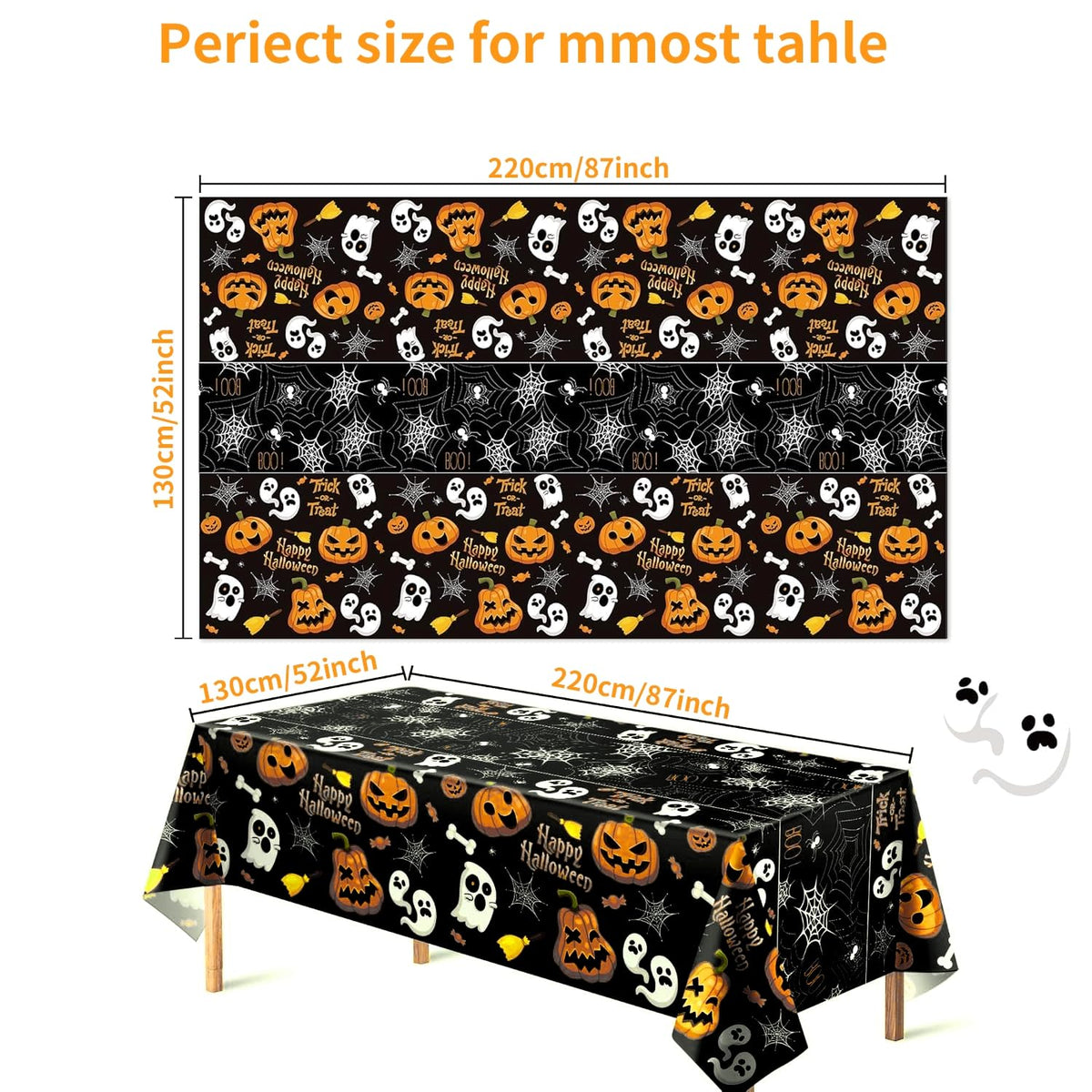 Pyrrhiax 4 Pcs 54 x 108 Inch Halloween Pumpkin Ghost Tablecloth, Rectangular Plastic Spider Web Table Cloth Large Size Halloween Table Covers for Home Decor Party Decorations