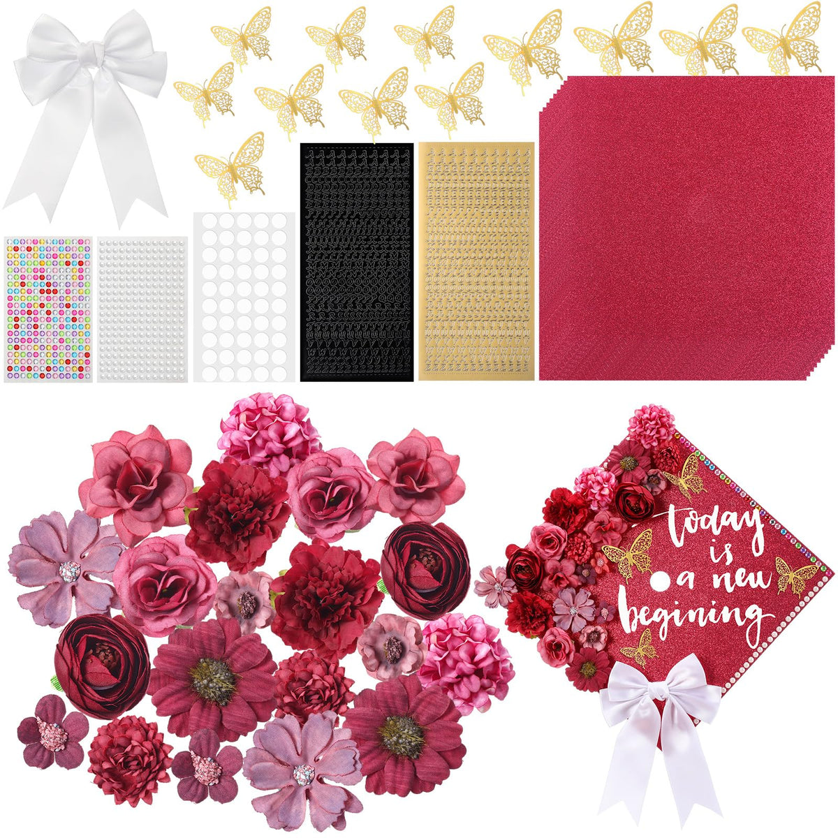 Gilprop 56 Pcs Graduation Grad Cap Decorations Kit DIY Glitter Card Stock Construction Paper Bow Artificial Flower Heads 3D Butterfly Rhinestones Letter Stickers Adhesive Dots for Grad Hat(Red)