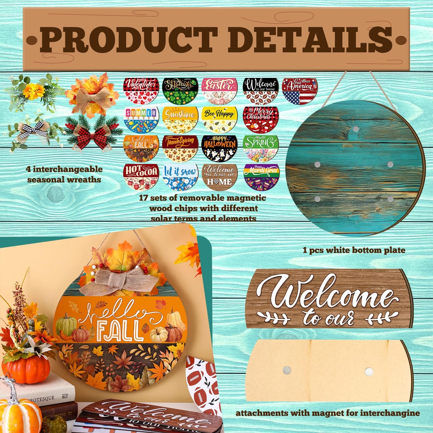 Vicenpal 22 Pcs Interchangeable Welcome Sign for Front Door with 17 Magnetic Icon Wooden Seasonal Front Porch Door Decor with 4 Seasonal Wreath for Holiday Halloween Christmas Gift(Blue,Rustic)