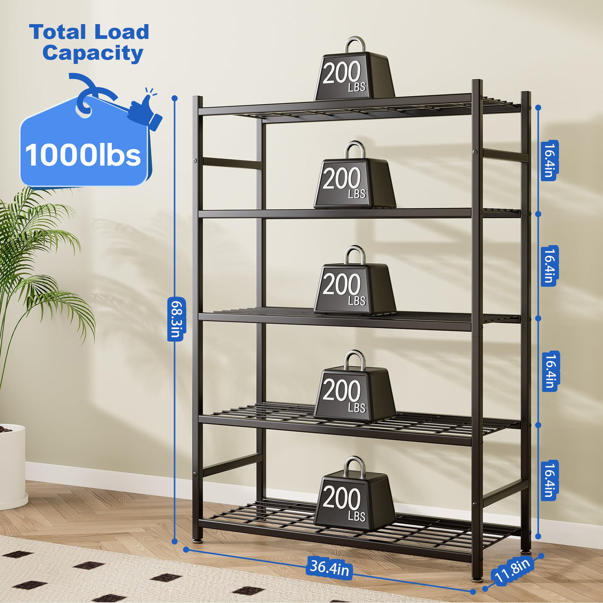 Tujurich 36.4" W Storage Shelves, 5-Tier Metal Shelving Unit with Adjustable Feet, Shelf Organizer for Garage, Kitchen, Pantry and Closet Organization, 36.4" x 11.8" x 68.3", Black