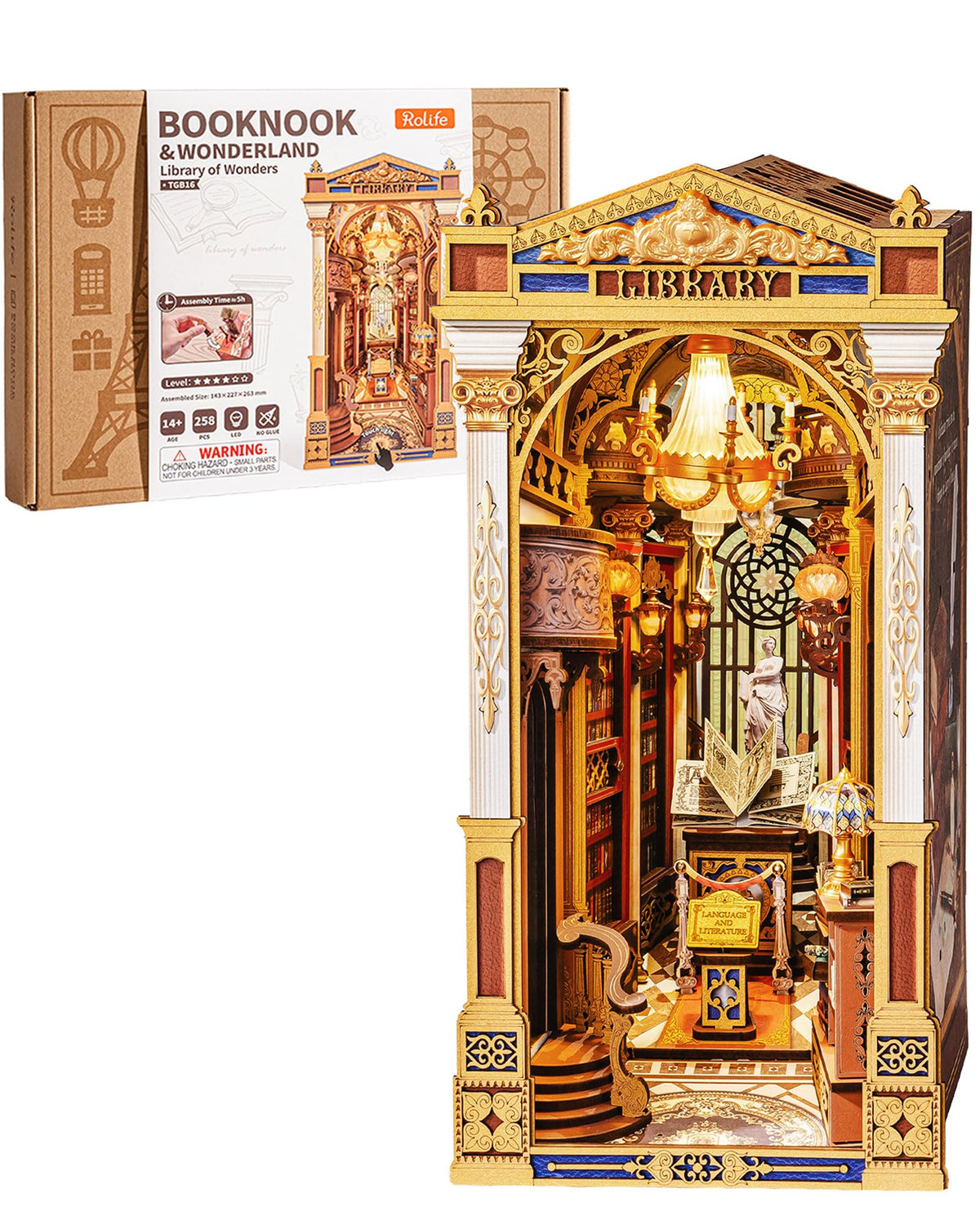 Rolife Book Nook Kits 3D Wooden Puzzle for Adults - Library of Wonders 258-Piece DIY Booknook Building Kit Baroque Architecture Model Bookshelf Decor Craft Gift for Adult Book Lovers