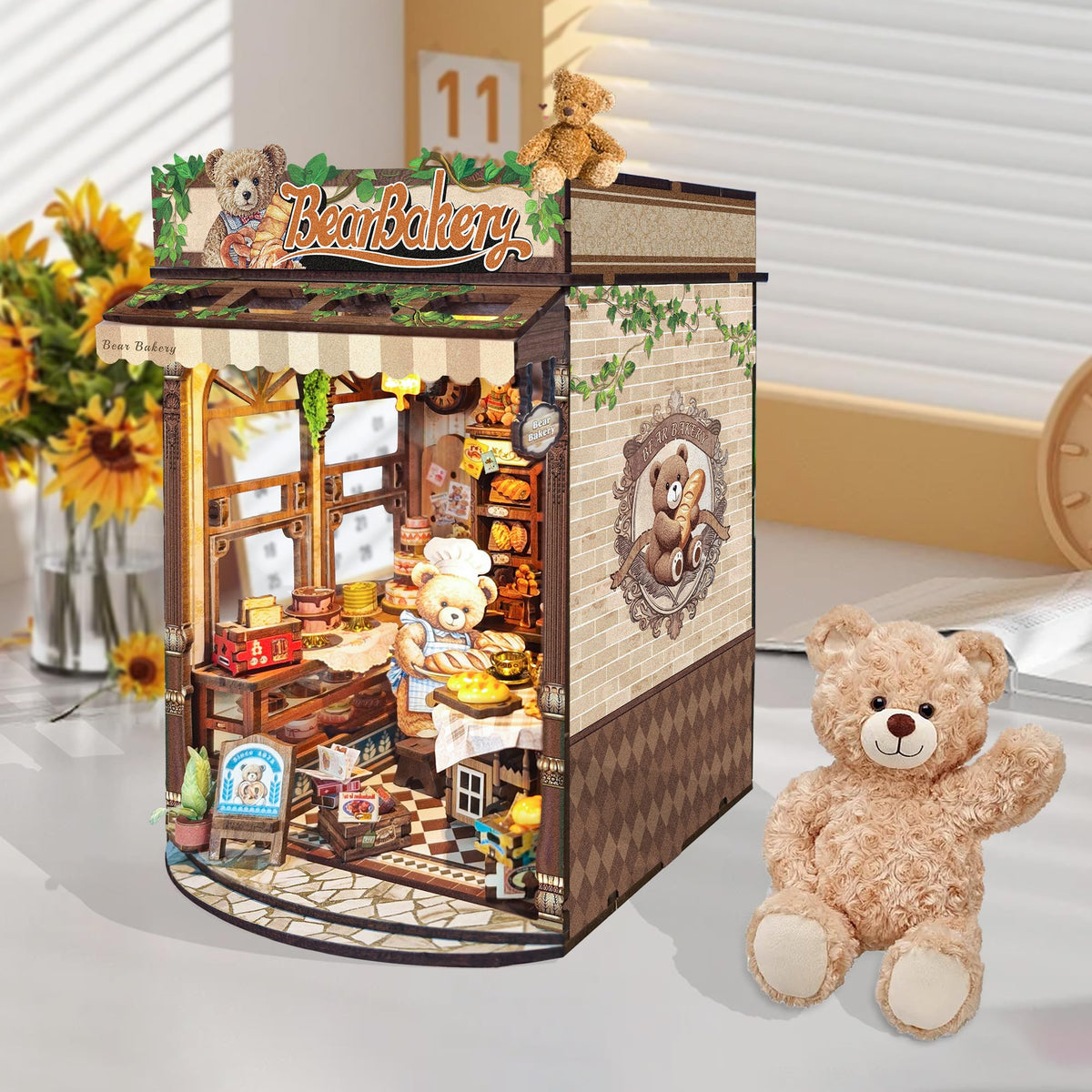 IBOHEYE Mini Book Nook Kit,DIY Miniature House kit,3D Puzzle Dollhouse Bookshelf Decor,Store Theme Booknook with LED Light Dust Cover,Gifts for Adults Teens and Beginners- Bear Bakery(SQ-65)