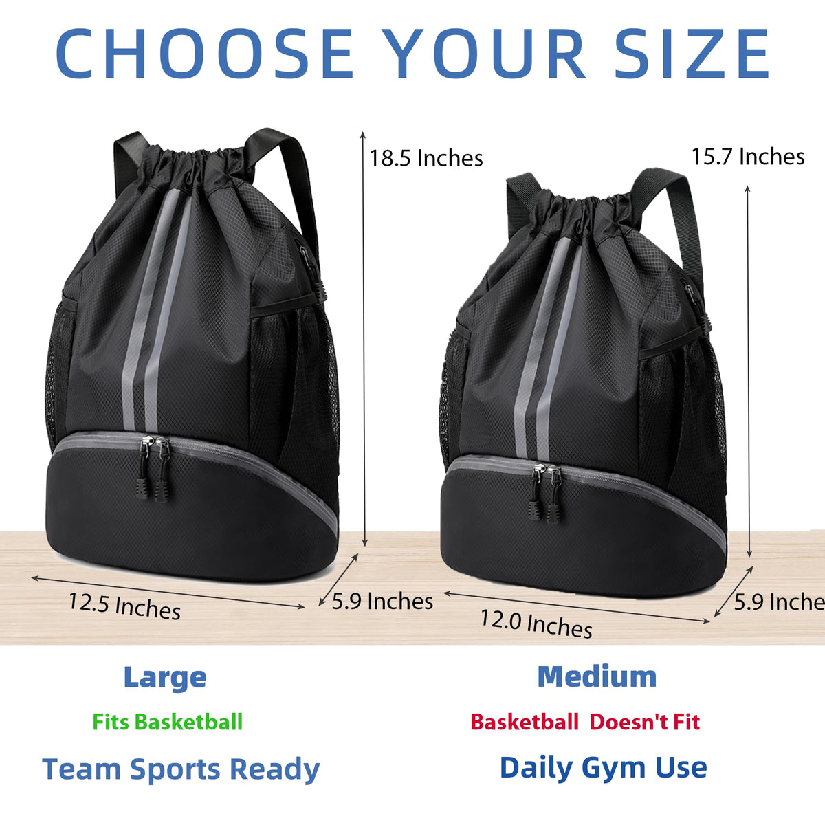 JELUTAR Drawstring Backpack Gym Bag with Shoes Compartment for Soccer, Basketball, Swim, Water-Resistant String Backpack Beach Cinch for Women Men