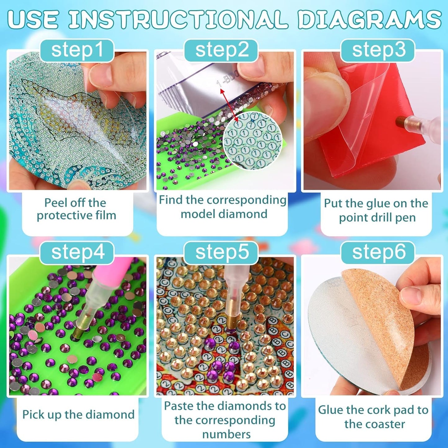 Dlylust 8 PCS Cocktail Diamond Art Coasters Kits, Diamond Painting Coasters with Holder Set of 8, DIY Drink Art Crafts Supplies for Adults Cup Mat House Warming Gifts Non-Slip 3.9inch