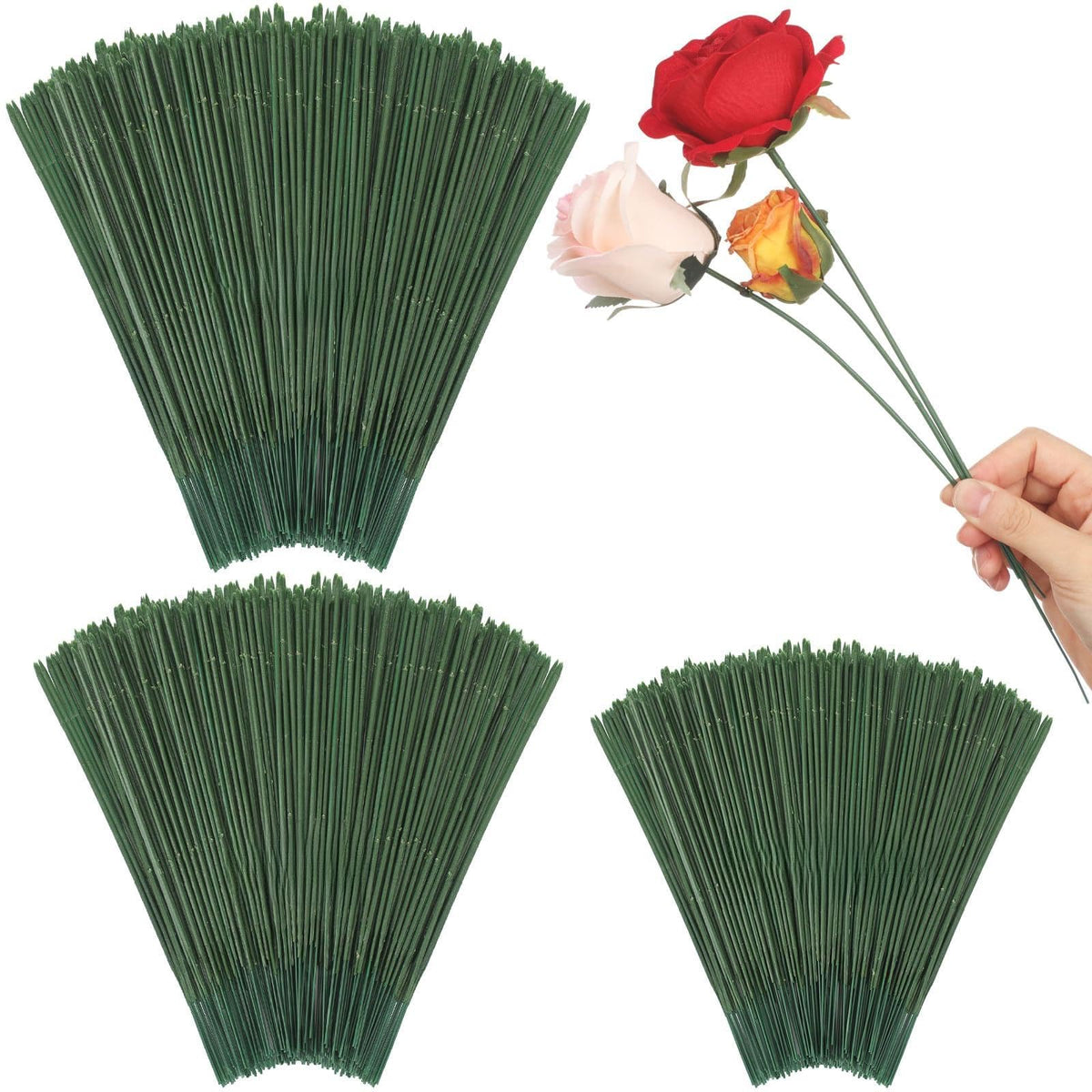 Suncalla 300pcs Artificial Flower Stems, 6.7in、8in、10in Plastic Green Floral Wire Stems for Artificial Flower Making, DIY Crafts Bouquet Stem Arrangements Decor Supplies