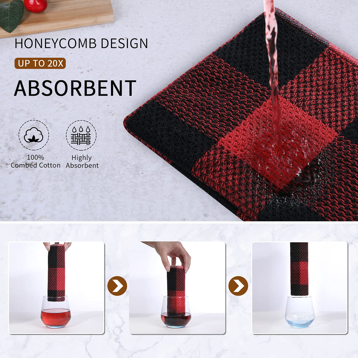 Mordimy 100% Cotton Waffle Weave Kitchen Towels, 13 x 28 Inches, Super Soft and Absorbent Buffalo Check Dish Towels for Drying Dishes, 4-Pack, Black & Red