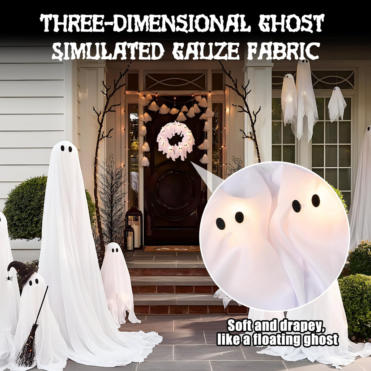 LED Light-Up Halloween Ghost Wreath, 12 Glowing White Ghost Garland, Halloween Ghost Wreath, Spooky Indoor & Outdoor Hanging Decoration for Front Door, Wall, Party