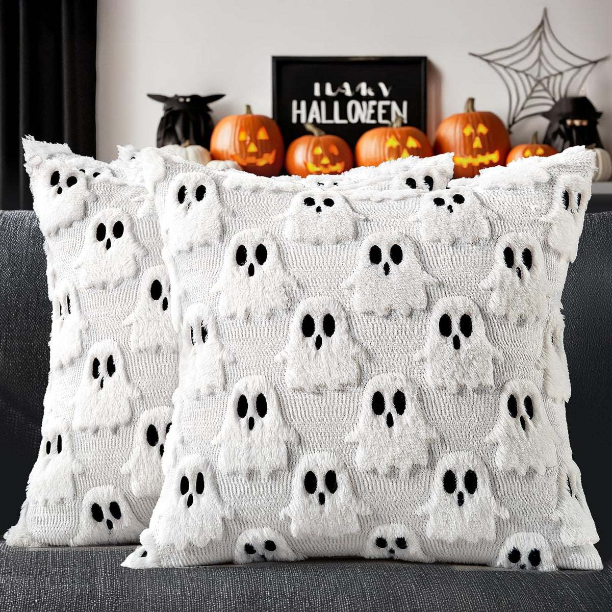 MIULEE Halloween Pillow Covers Set of 2 White Ghost Decorative Soft Throw Pillows Plush Faux Fur Wool Couch Cushion Case for Fall Decor Chair Sofa Bedroom Living Room 18x18 inch