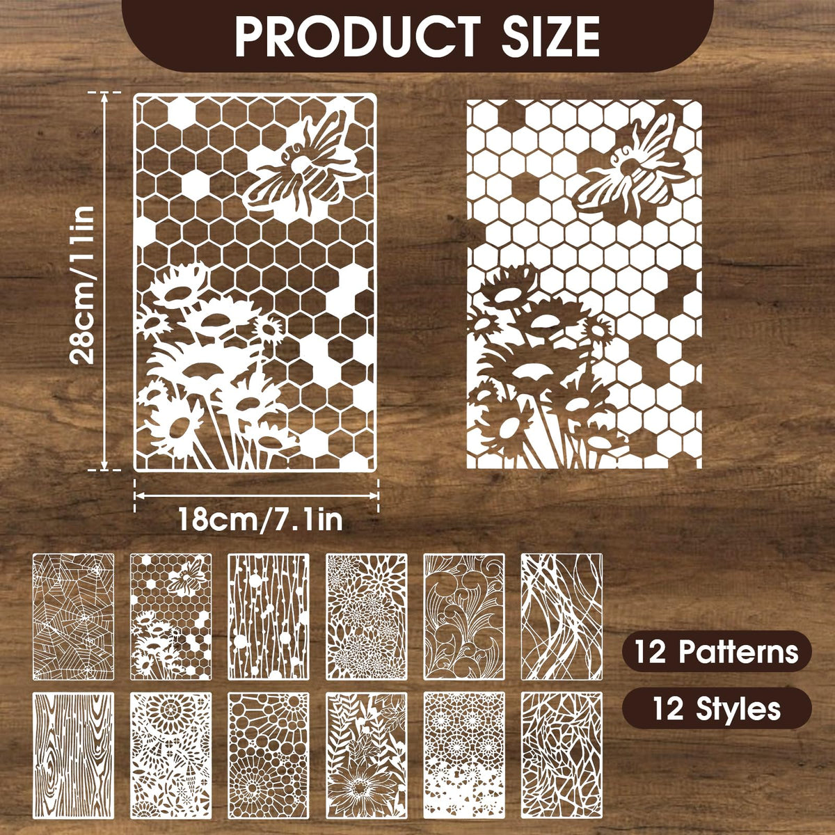 12Pcs Mixed Stencils for Painting, Art Stencils for Crafts Reusable, Wood Grains Flower Texture Templates Spider Web Layering Spray Paint Stencils Kit on Wall Canvas Cake Card DIY (11×7'')