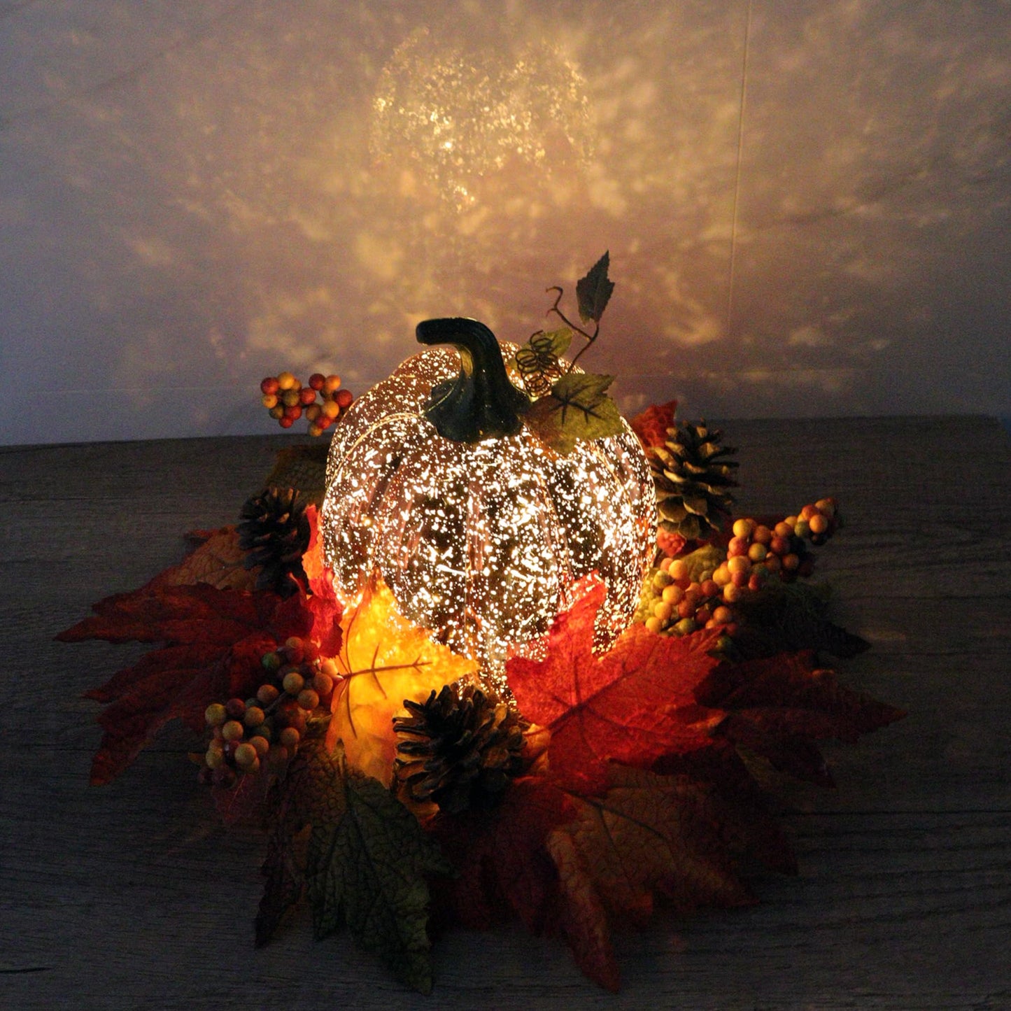 Lighted Pumpkin Fall Decor – LED Thanksgiving Decoration with Faux Maple Leaves, Berries, and Pinecones, Autumn Harvest Centerpiece for Table, Indoor and Outdoor Home Display