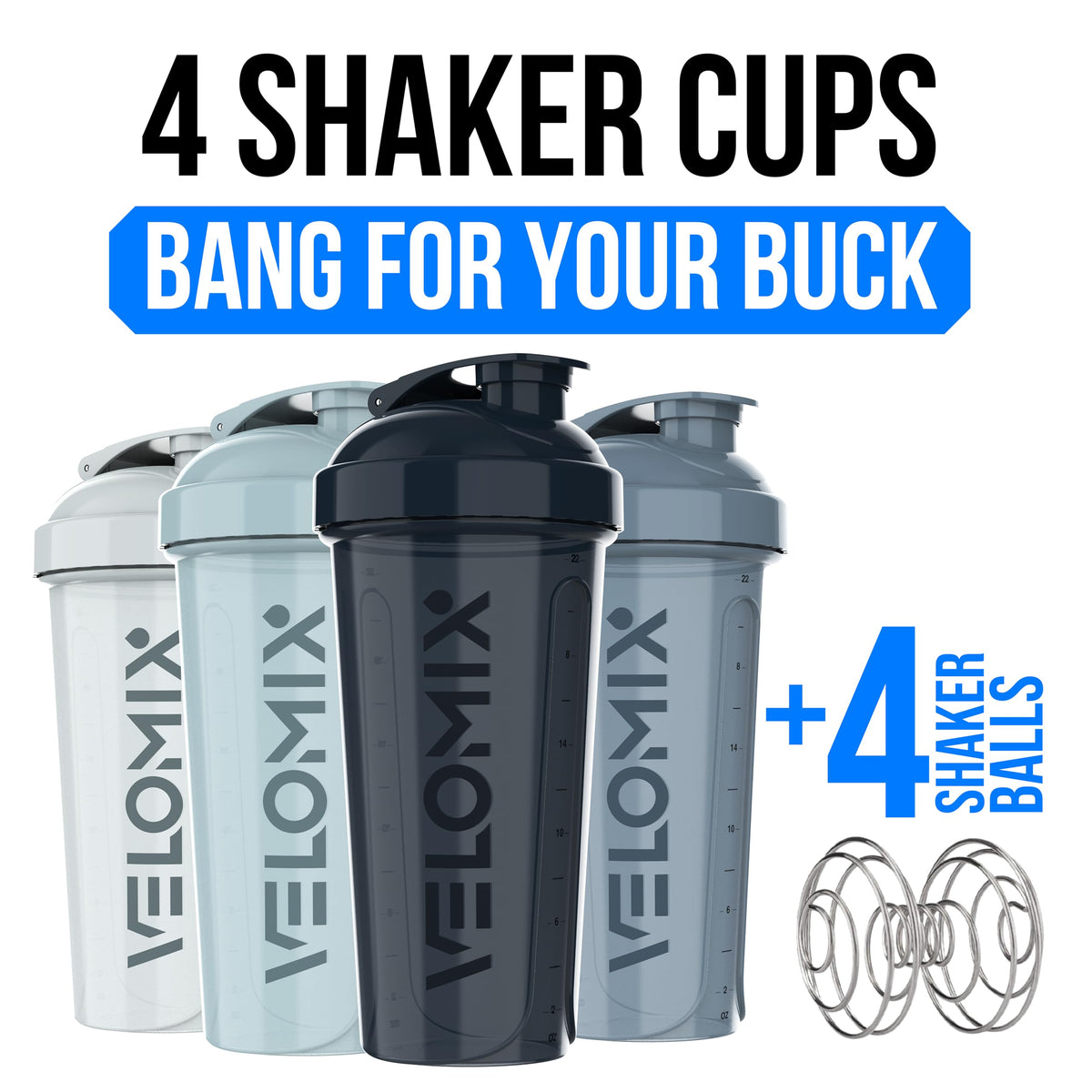 VELOMIX -4 PACK 28 Oz Protein Shaker Bottle for Protein Mixes - 4x Wire Whisk | Leak Proof Shaker Cups for Protein Shakes | Large, Stackable Protein Shaker Bottles Pack | Dishwasher Safe (Aqua Depths)