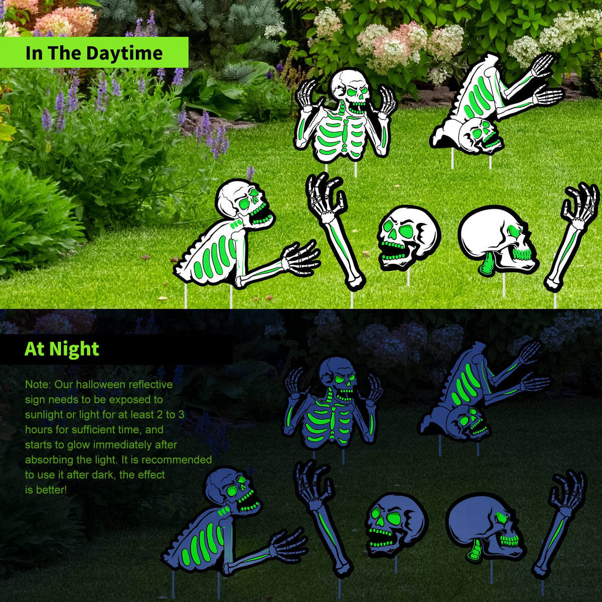 Capoda 5 Pieces Halloween Yard Signs Outdoor Decorations Fluorescent Halloween Skeleton Garden Sign with Stakes Reflective Skeleton Lawn Stake for Garden Lawn Yard Decor Supplies