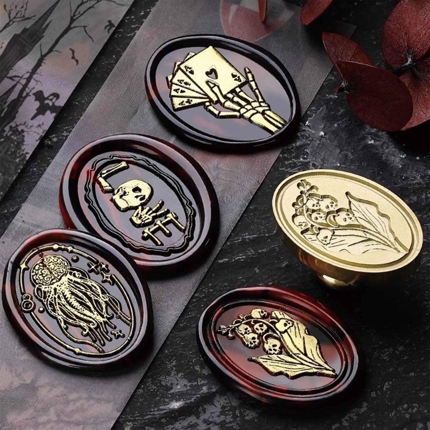 Halloween Wax Seal Stamp Kit - Ychostamp Piracy, Mushroom, Witch, Scale Sealing Wax Stamps, 7PCS Vintage Brass Seals for Spooky Envelope, Party Invitation